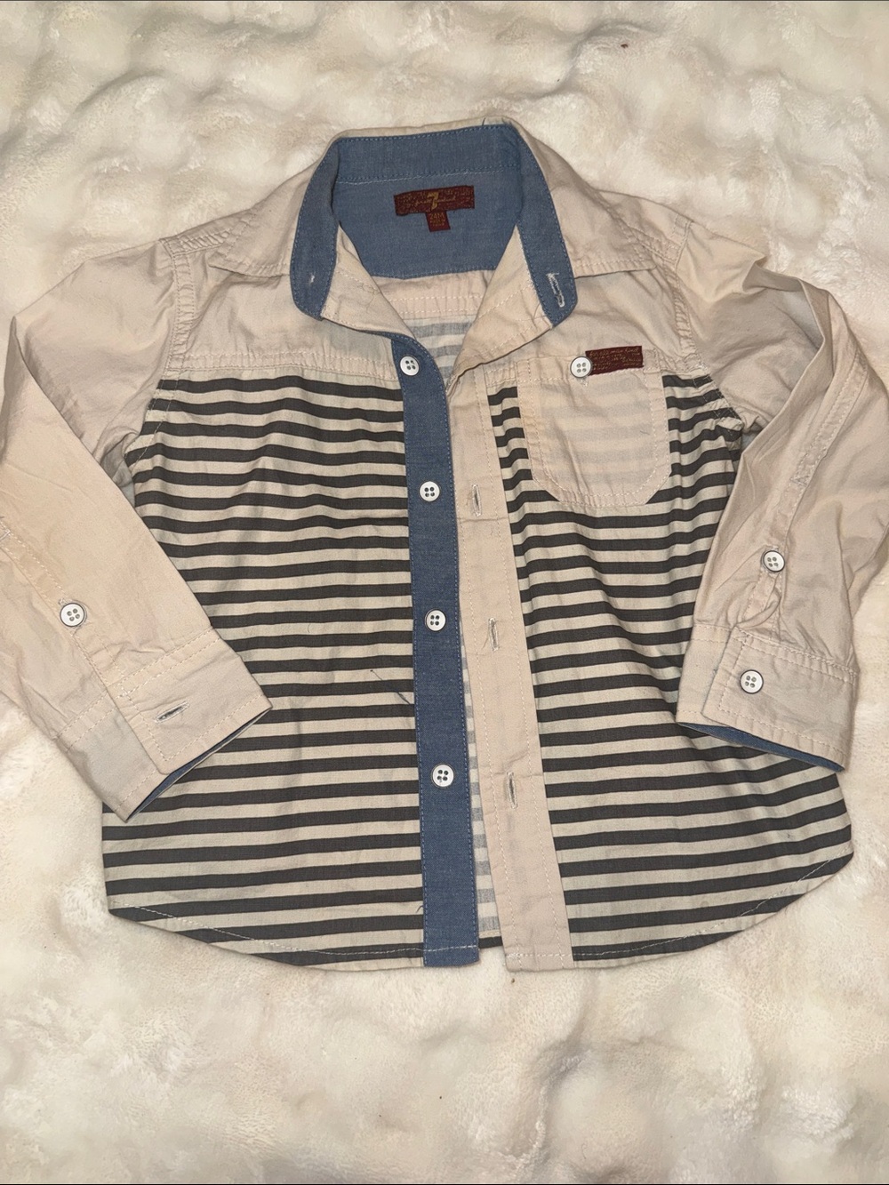 7 For All Mankind Beige Button-Down with Black Stripes & Chambray Trim
